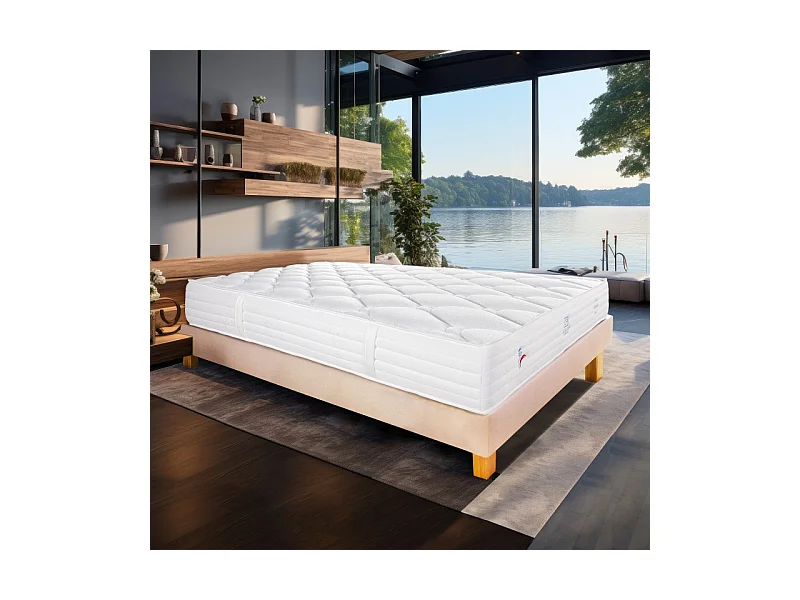 Ensemble Matelas Patriote Mousse, 27 cm, mousses haute densité , ferme, face été/hiver + sommier beige ep20cm, 160x200cm