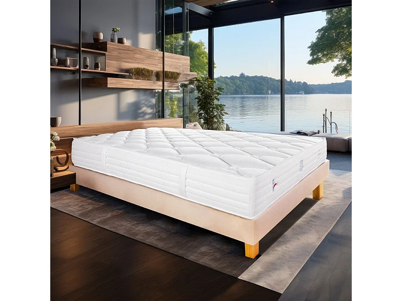 Ensemble Matelas Patriote Mousse, 27 cm, mousses haute densité , ferme, face été/hiver + sommier beige ep20cm, 160x200cm