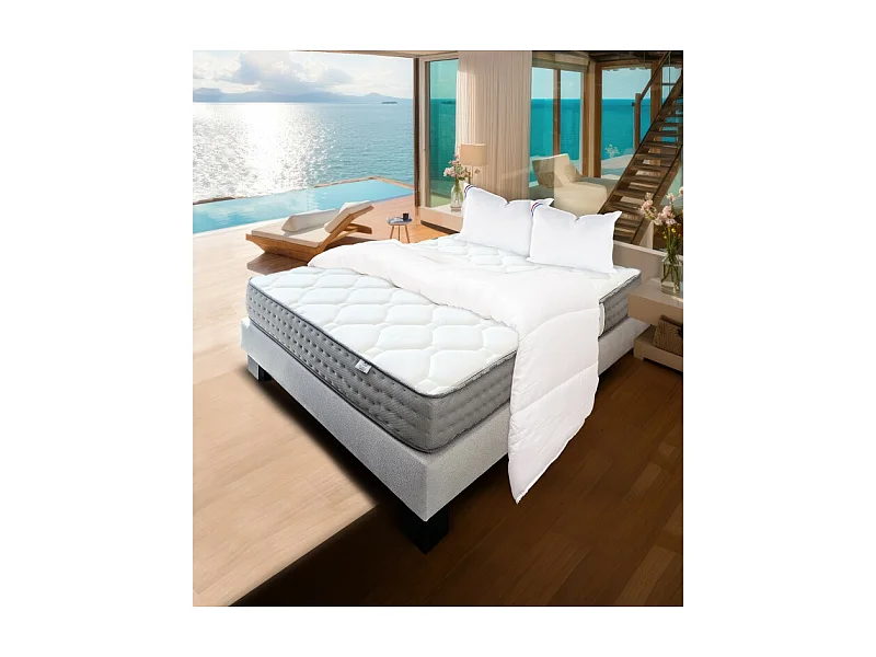 Ensemble Sommier gris (20cm) Matelas Zen (20 cm), ferme, face été/hiver Couette et Oreiller, 160x200cm