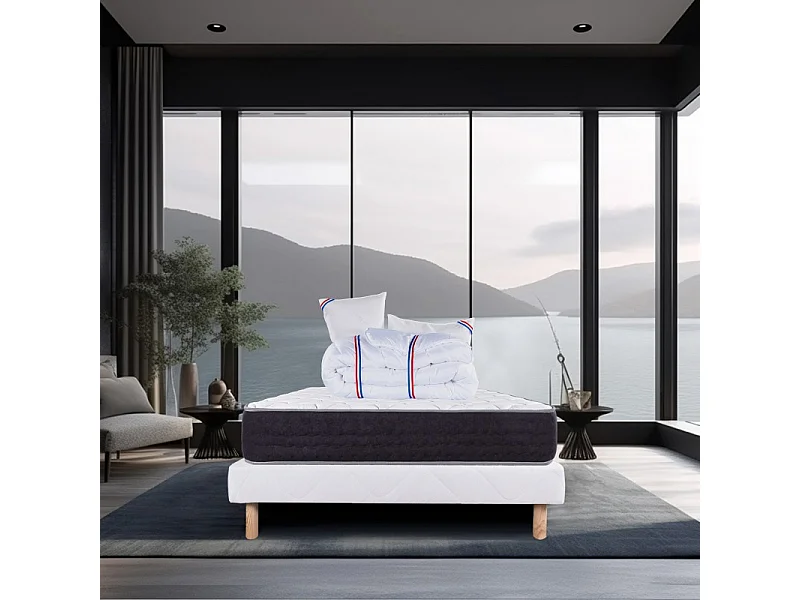 Ensemble Matelas Serenite, 27 cm, ressorts ensachés, ferme, face été/hiver + sommier blanc ep 13cm + oreiller + couette, 160x200cm