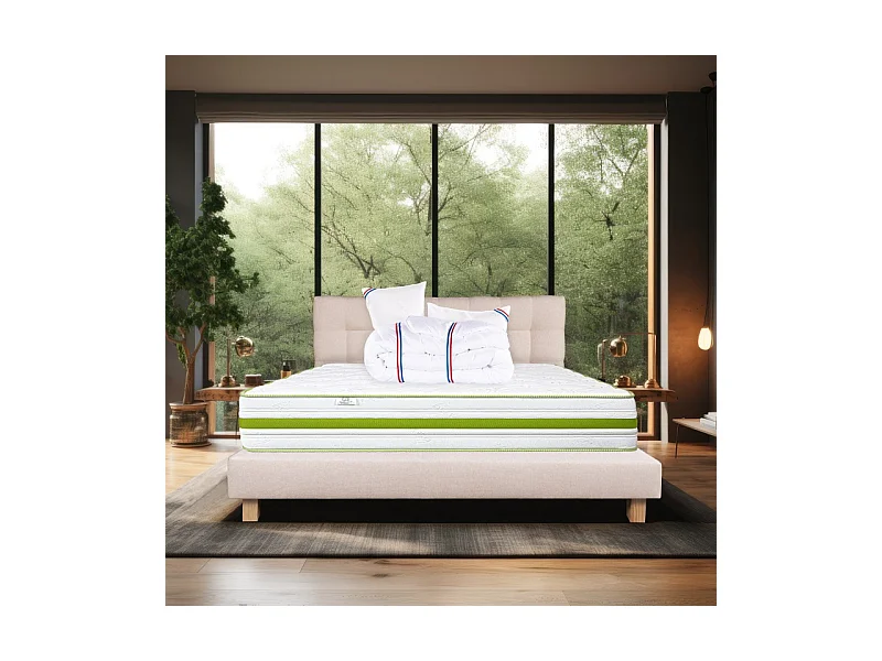Ensemble Matelas Rêverie, 30 cm, mousses haute densité, ferme, face été/hiver+sommier beige ep20cm+oreiller+couette+Tête de Lit, 140x190cm