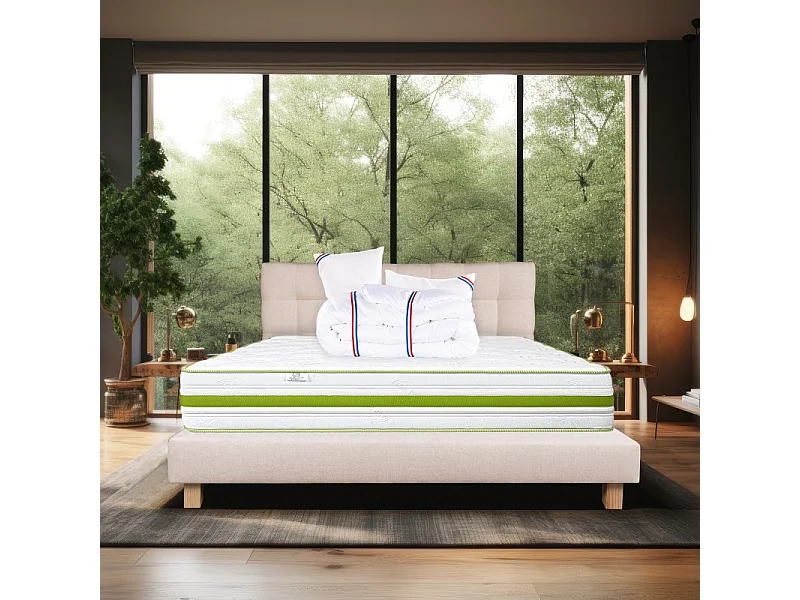 Ensemble Matelas Rêverie, 30 cm, mousses haute densité, ferme, face été/hiver+sommier beige ep20cm+oreiller+couette+Tête de Lit, 140x190cm