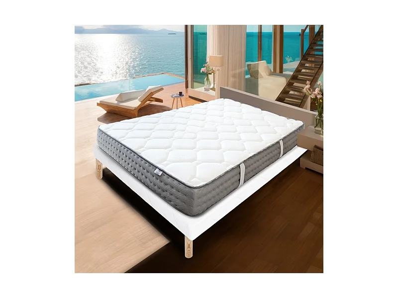 Ensemble Matelas Zen (20 cm) et Sommier (13cm), mousses haute densité, ferme, face été/hiver, 160x200cm