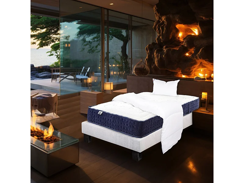 Ensemble Matelas Nuage (24cm), Sommier (20cm), Oreiller et Couette-mousse haute densité, mi-ferme, face été/hiver, 90x190cm