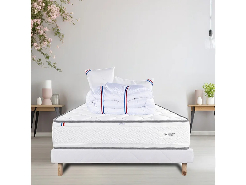 Ensemble Matelas Iris (20 cm) mousse haute densité, ferme, face été/hiver, Sommier blanc (13cm), Oreiller et Couette, 140x190cm