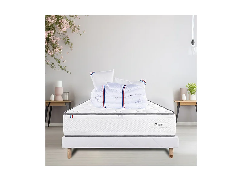 Ensemble Matelas Iris (20 cm) mousse haute densité, ferme, face été/hiver, Sommier blanc (13cm), Oreiller et Couette, 140x190cm