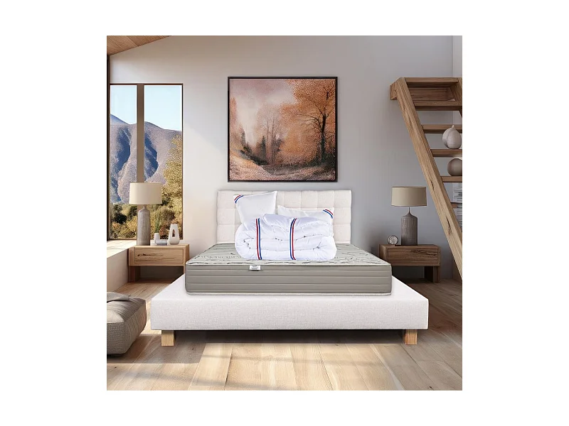 Ensemble Matelas Organic Cotton 24cm ferme face été/hiver+sommier beige ep20cm+oreiller+couette+Tête de Lit, 140x190cm