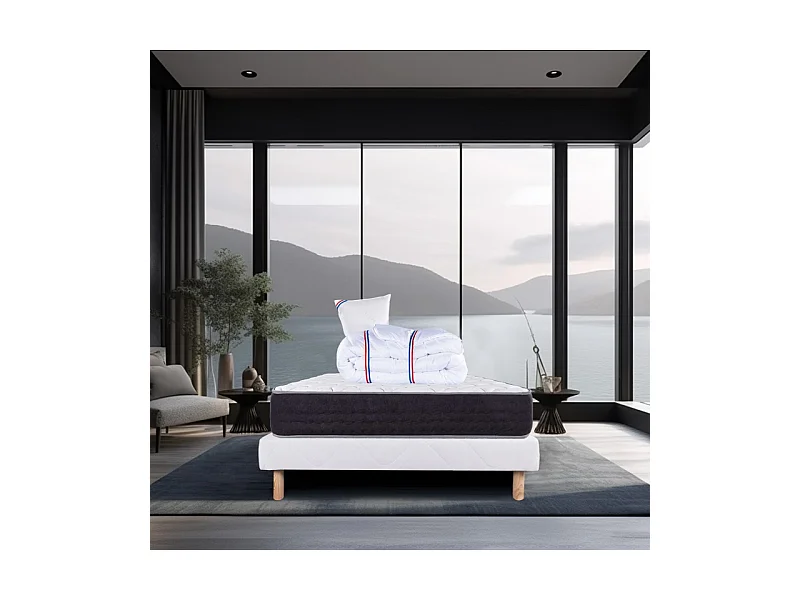 Ensemble Matelas Serenite, 27 cm, ressorts ensachés, ferme, face été/hiver + sommier blanc ep 13cm + oreiller + couette, 90x190cm