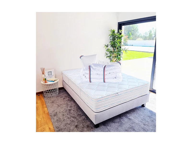 Ensemble Matelas Thermotec (24 cm), ferme, face été/hiver,Sommier (20cm), Couette et Oreiller, 160x200cm