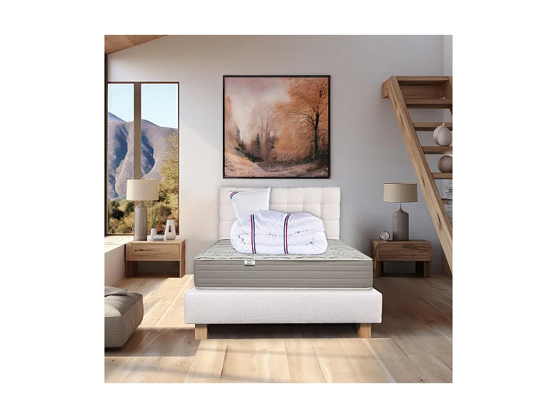 Ensemble Matelas Organic Cotton 24cm ferme face été/hiver+sommier beige ep20cm+oreiller+couette+Tête de Lit, 90x190cm