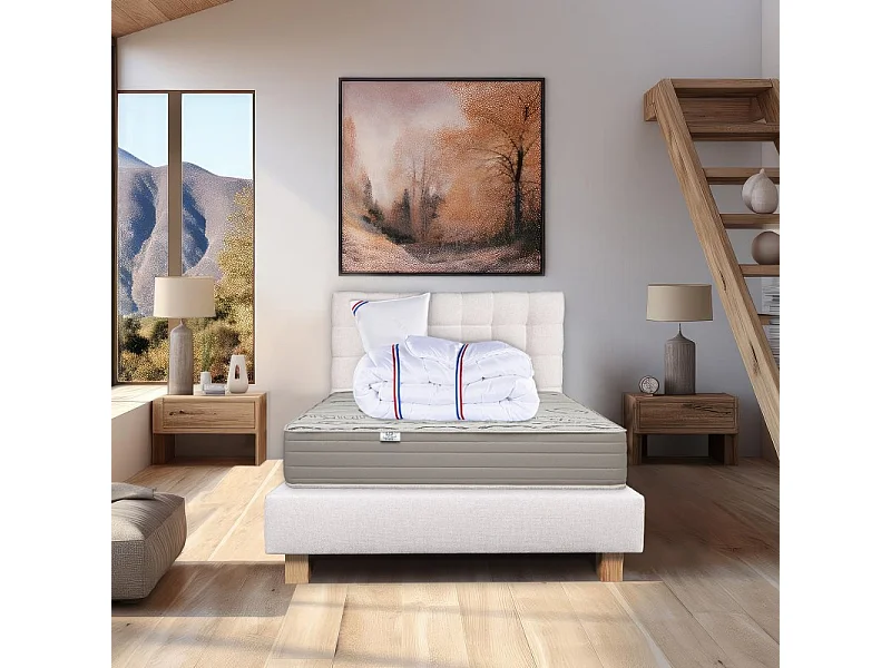 Ensemble Matelas Organic Cotton 24cm ferme face été/hiver+sommier beige ep20cm+oreiller+couette+Tête de Lit, 90x190cm