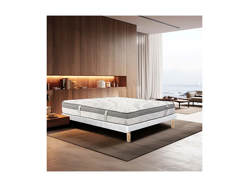 Ensemble Matelas ViscoPlus, 26 cm, mousses haute densité, ferme, face été/hiver + sommier blanc ep 13cm, 140x190cm