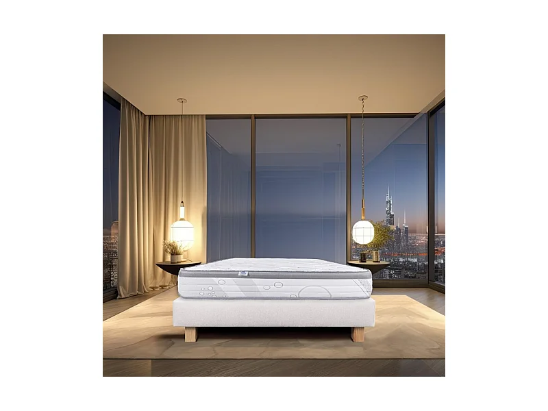 Ensemble Matelas Relaxation, 26 cm, ressorts ensachés, ferme, face été/hiver + sommier beige ep20cm, 90x190cm