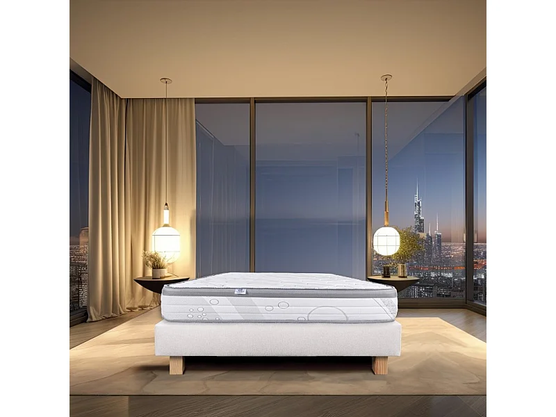 Ensemble Matelas Relaxation, 26 cm, ressorts ensachés, ferme, face été/hiver + sommier beige ep20cm, 90x190cm