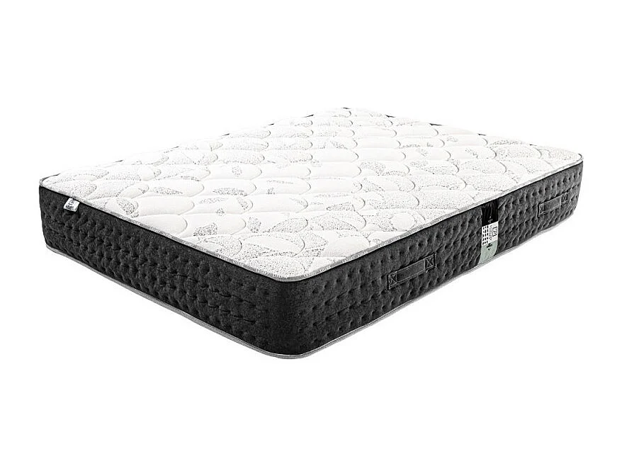 Ensemble Matelas Serenite, 27 cm, ressorts ensachés, ferme, face été/hiver+sommier gris ep20cm+oreiller+couette+Tête de Lit, 140x200cm