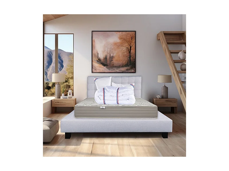 Ensemble Matelas Organic Cotton 24cm mousses haute densité ferme face été/hiver+sommier gris ep20cm+oreiller+couette+Tête de Lit, 140x190cm
