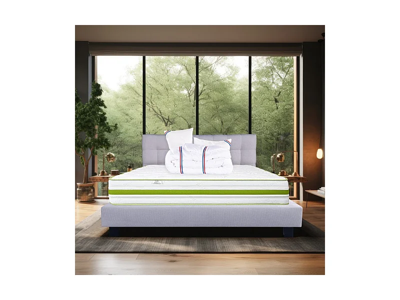 Ensemble Matelas Rêverie, 30 cm, mousses haute densité, ferme, face été/hiver+sommier gris ep20cm+oreiller+couette+Tête de Lit, 160x200cm