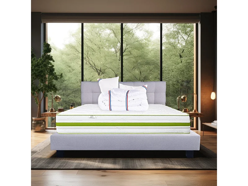 Ensemble Matelas Rêverie, 30 cm, mousses haute densité, ferme, face été/hiver+sommier gris ep20cm+oreiller+couette+Tête de Lit, 160x200cm