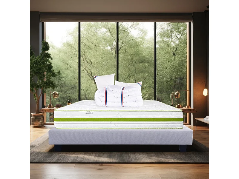 Ensemble Matelas Rêverie, 30 cm, mousses haute densité, ferme, face été/hiver + sommier gris ep20cm + oreiller + couette, 140x200cm