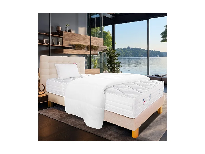 Ensemble Matelas Patriote Mousse 27cm  ferme face été/hiver+sommier beige ep20cm+oreiller+couette+Tête de Lit, 90x190cm
