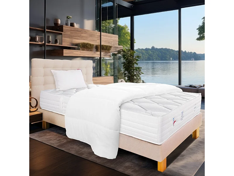 Ensemble Matelas Patriote Mousse 27cm  ferme face été/hiver+sommier beige ep20cm+oreiller+couette+Tête de Lit, 90x190cm