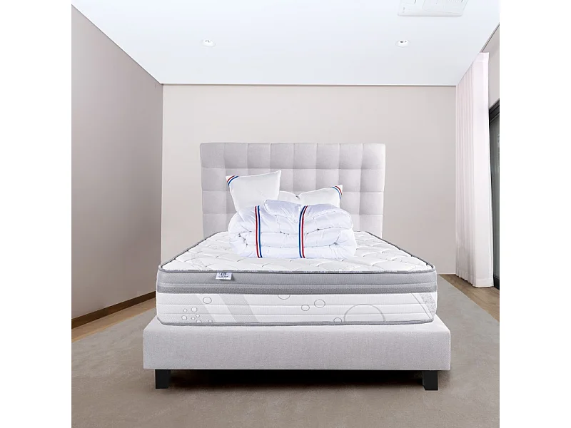 Ensemble Matelas ViscoPlus, 26 cm, mousses haute densité, ferme, face été/hiver+sommier gris ep20cm+oreiller+couette+Tête de Lit, 140x200cm