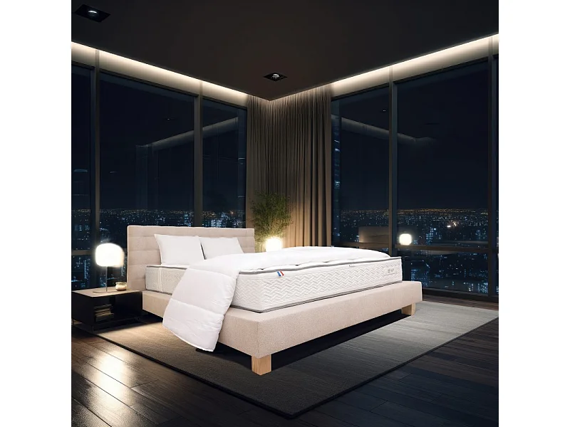 Ensemble Complet Matelas Iris (20 cm) ferme,Sommier beige (20cm) , Tête de lit,Oreiller et Couette, 140x200cm