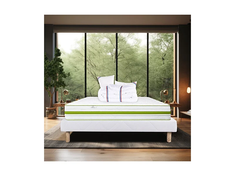 Ensemble Matelas Rêverie, 30 cm, mousses haute densité, ferme, face été/hiver + sommier blanc ep 13cm + oreiller + couette, 140x190cm