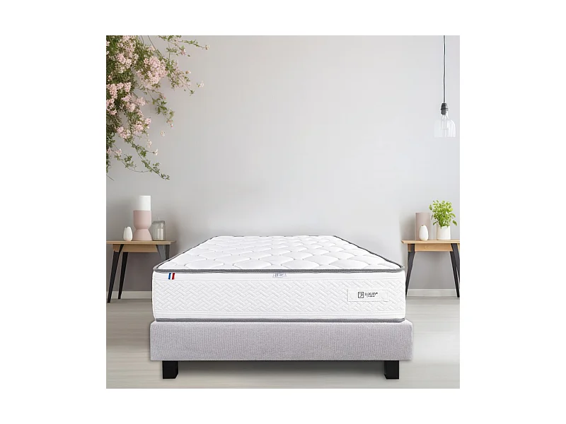 Ensemble Sommier gris (20cm) et Matelas Iris (20 cm), mousses haute densité, ferme, face été/hiver, 90x190cm