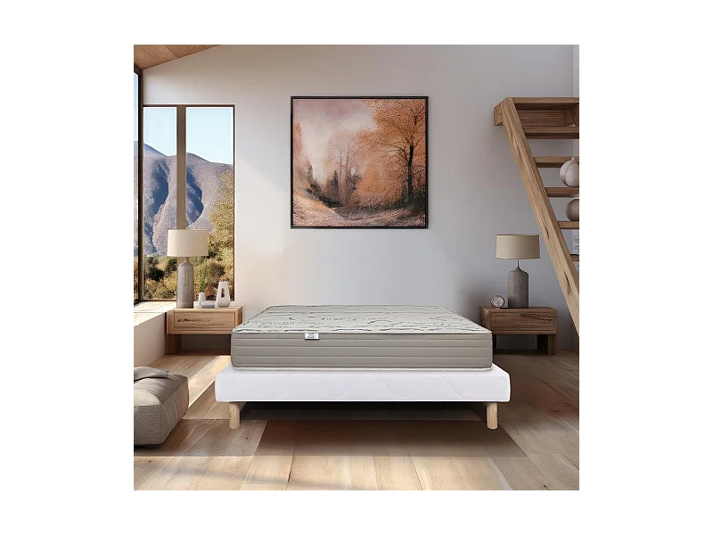 Ensemble Matelas Organic Cotton, 24 cm, mousses haute densité, ferme, face été/hiver + sommier blanc ep 13cm, 140x190cm