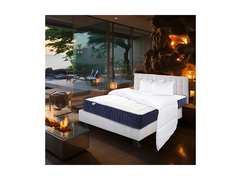 Ensemble Matelas Nuage (24cm), Sommier (20cm), Oreiller, Couette et Tête de Lit- mousses haute densité, mi-ferme, double face, 160x200cm