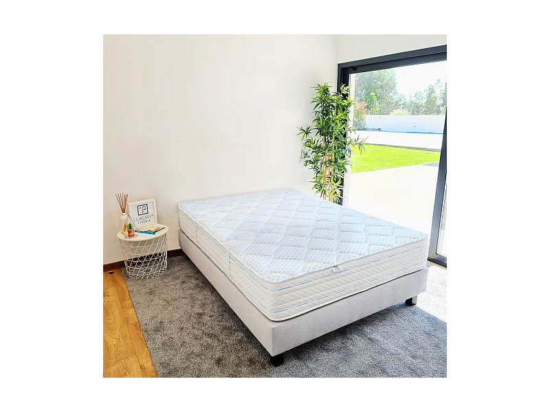 Ensemble Matelas Thermotec (24 cm) mousses haute densité, ferme, face été/hiver + Sommier gris (20cm), 140x190cm