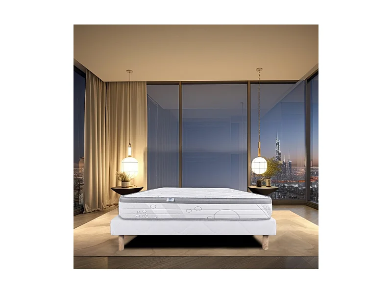 Ensemble Matelas Relaxation, 26 cm, ressorts ensachés, ferme, face été/hiver + sommier blanc ep 13cm, 140x200cm