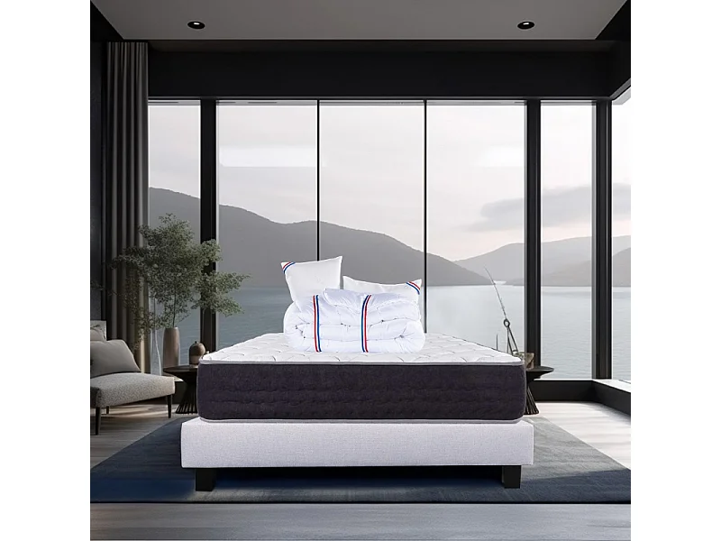 Ensemble Matelas Serenite, 27 cm, ressorts ensachés, ferme, face été/hiver + sommier gris ep20cm + oreiller + couette, 140x190cm