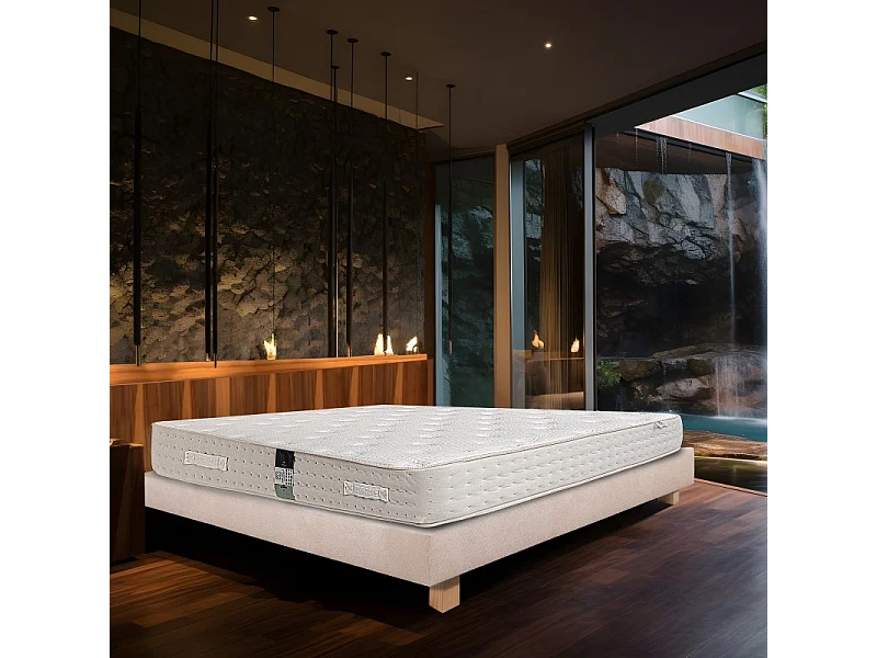 Ensemble Matelas Purlux, 26 cm, mousses haute densité, ferme, face été/hiver + sommier beige ep20cm, 90x190cm