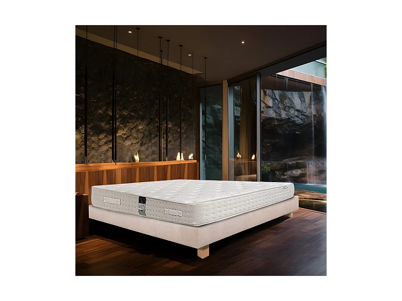 Ensemble Matelas Purlux, 26 cm, mousses haute densité, ferme, face été/hiver + sommier beige ep20cm, 90x190cm