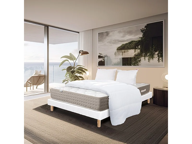 Ensemble Matelas Dreamlux 26cm ressorts ensachés ferme face été/hiver+sommier blanc ep 13cm+oreiller+couette, 160x200cm