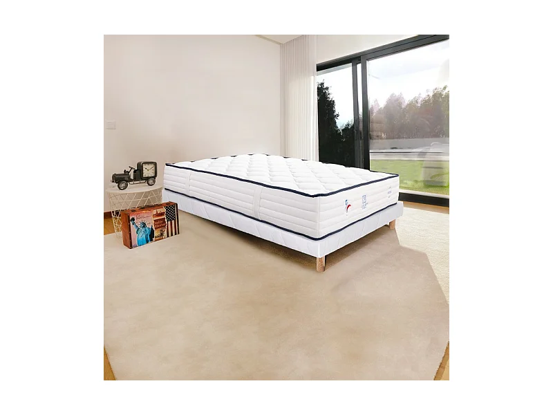 Ensemble Matelas Patriote, 27 cm, ressorts ensachés, ferme, face été/hiver + sommier blanc ep 13cm, 90x190cm