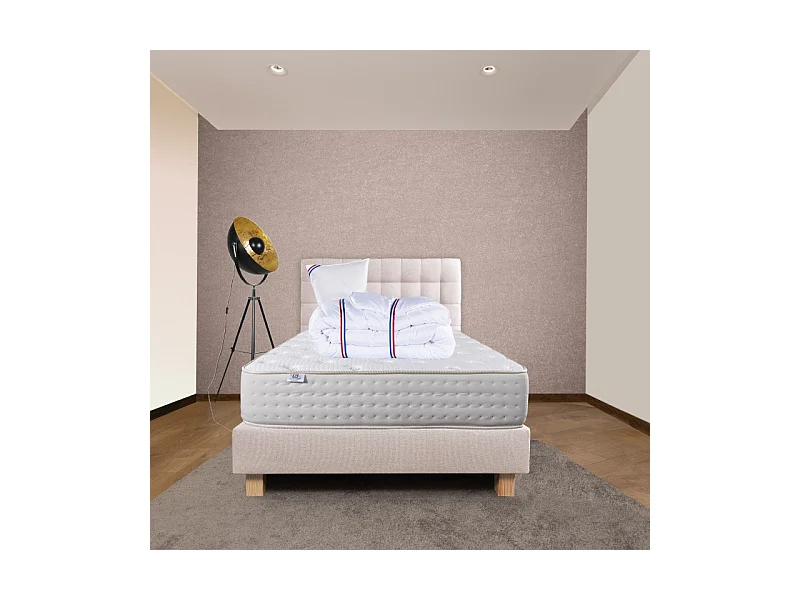 Ensemble Matelas Purlux, 26 cm, mousses haute densité, ferme, face été/hiver+sommier beige ep20cm+oreiller+couette+Tête de Lit, 90x190cm