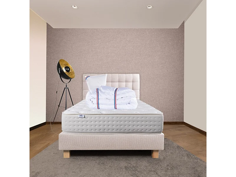 Ensemble Matelas Purlux, 26 cm, mousses haute densité, ferme, face été/hiver+sommier beige ep20cm+oreiller+couette+Tête de Lit, 90x190cm