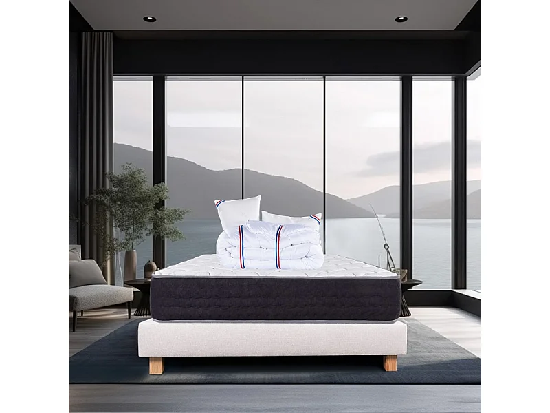 Ensemble Matelas Serenite, 27 cm, ressorts ensachés, ferme, face été/hiver + sommier beige ep20cm + oreiller + couette, 160x200cm