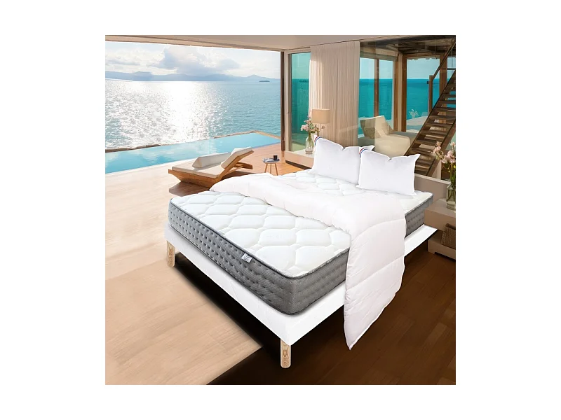 Ensemble Sommier blanc (13cm) Matelas Zen (20 cm), ferme, face été/hiver,Oreiller et Couette, 140x200cm