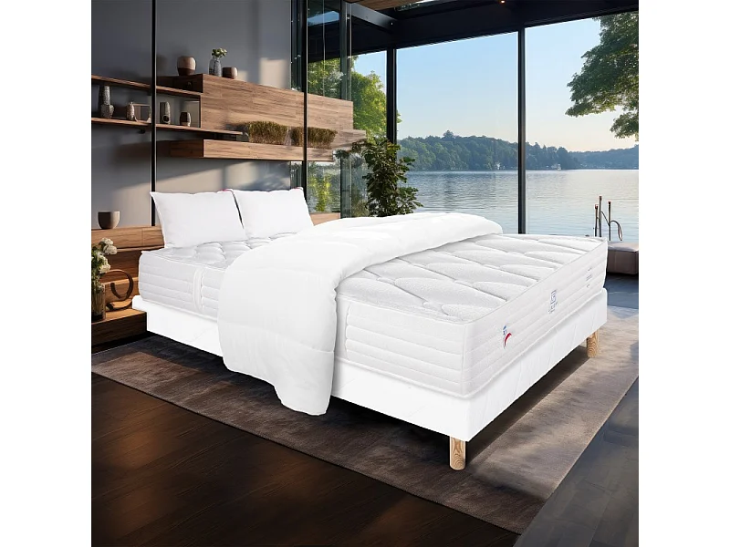 Ensemble Matelas Patriote Mousse, 27 cm, mousses haute densité , ferme, face été/hiver+sommier blanc ep 13cm+oreiller+couette, 140x200cm