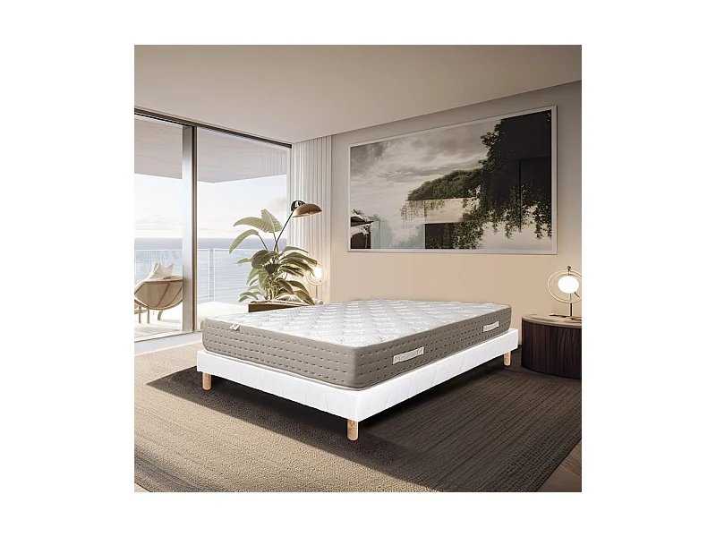Ensemble Matelas Dreamlux, 26 cm, ressorts ensachés mousses haute densité, ferme, face été/hiver + sommier blanc ep 13cm, 90x190cm