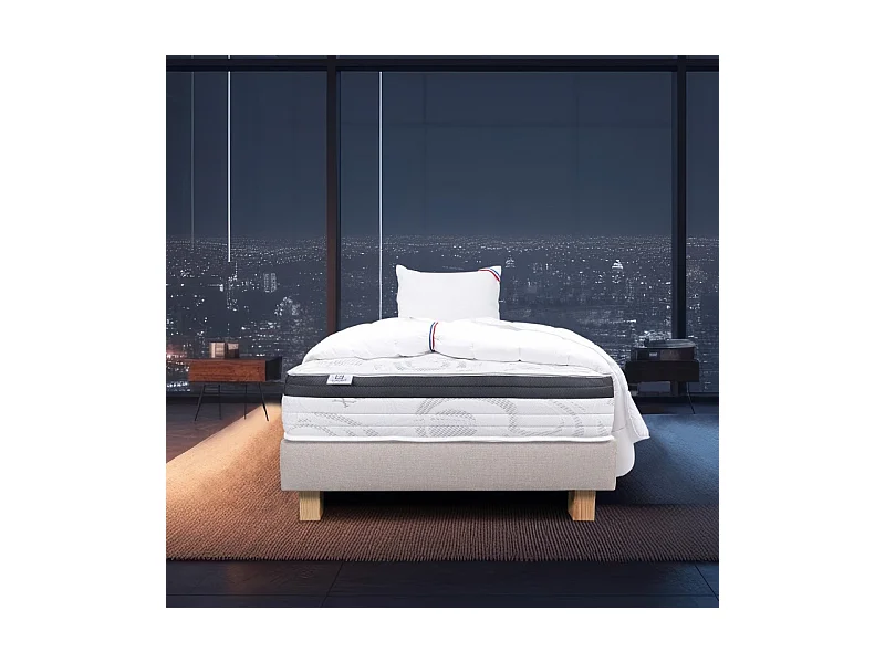 Ensemble Matelas Sleeplux, 26 cm, mousses haute densité, ferme, face été/hiver + sommier beige ep20cm + oreiller + couette, 90x190cm