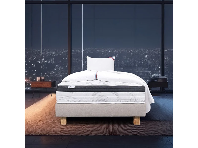 Ensemble Matelas Sleeplux, 26 cm, mousses haute densité, ferme, face été/hiver + sommier beige ep20cm + oreiller + couette, 90x190cm