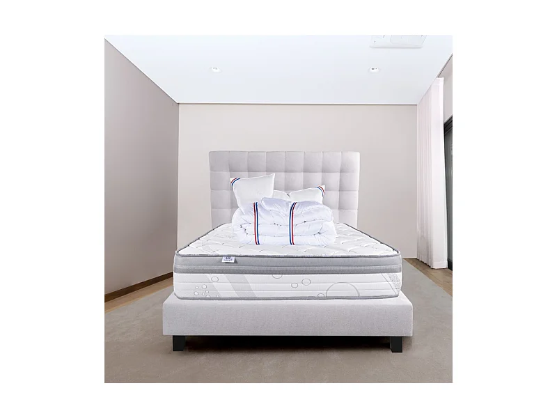 Ensemble Matelas ViscoPlus, 26 cm, mousses haute densité, ferme, face été/hiver+sommier gris ep20cm+oreiller+couette+Tête de Lit, 140x190cm