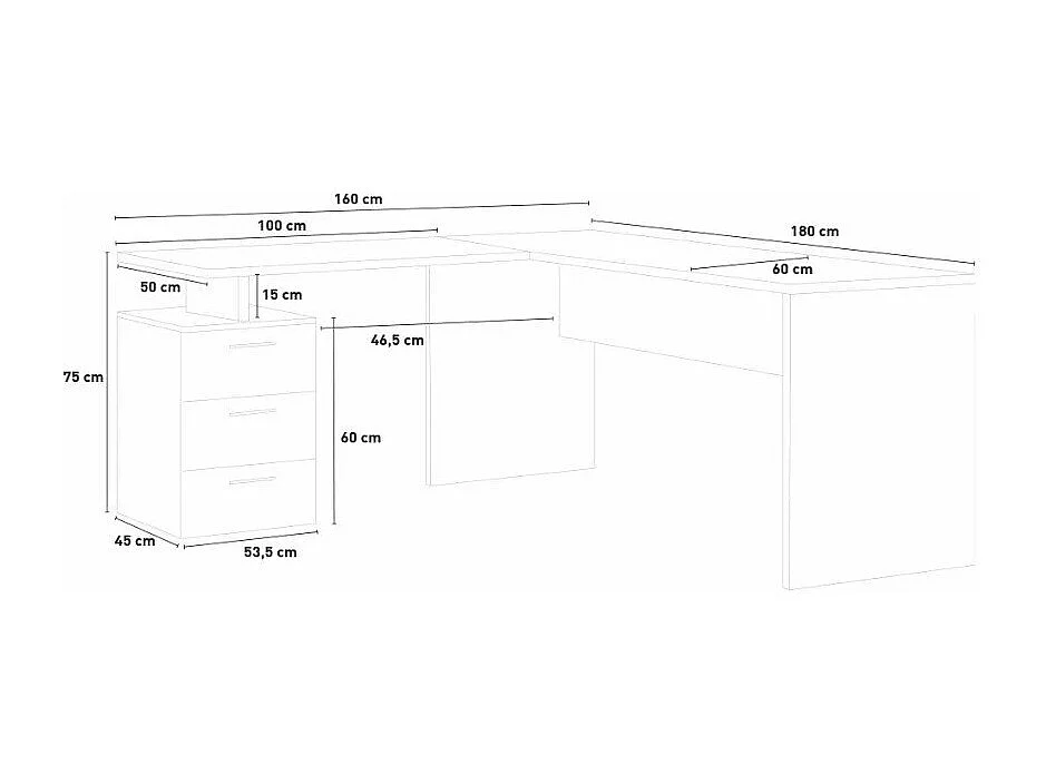 Bureau d'angle 180x160 avec commode à 3 tiroirs LISA