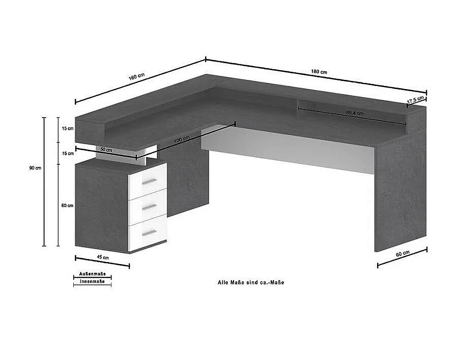 Escritorio esquinero de oficina con 3 cajones estante New Selina A-S Plus - Roble