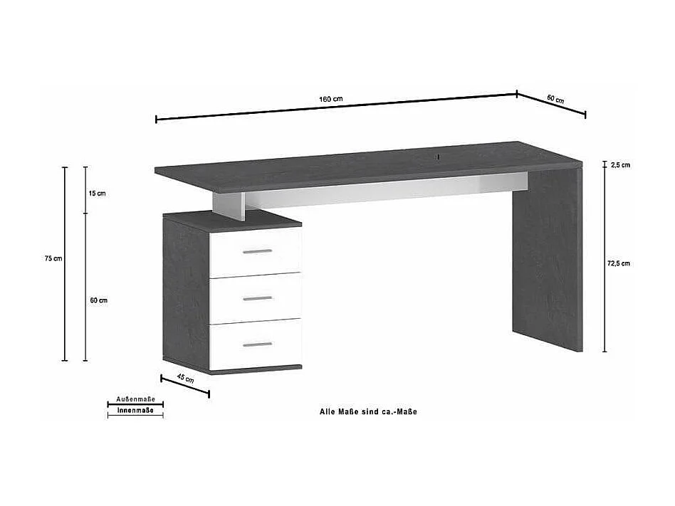 Moderne Büroschreibtisch mit 3 Schubladen 160x60x75cm New Selina Basic - Weiß glänzend